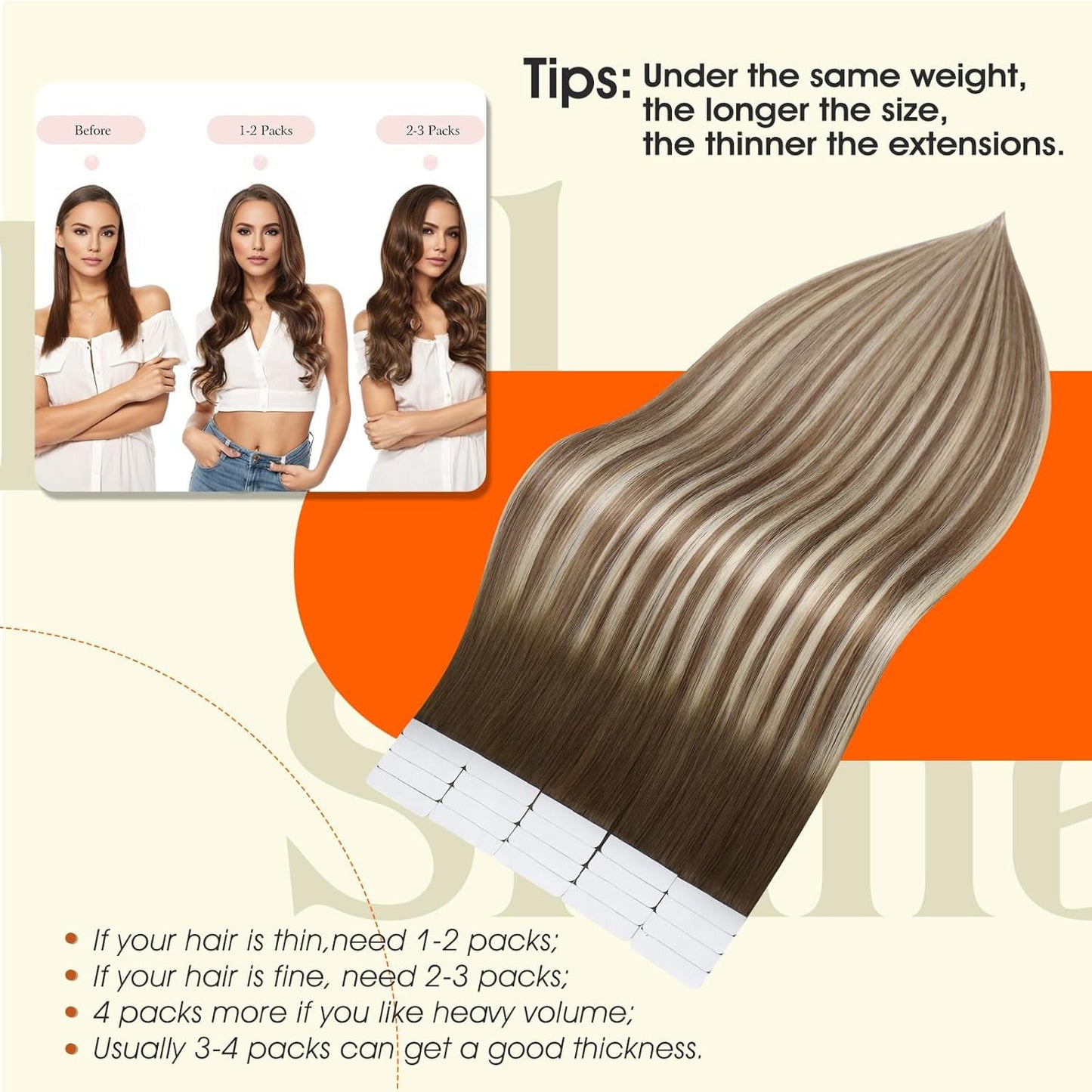 Tape in Real Hair Extensions 18Inch Color 3 Fading to 8 Highlighted 22 Blonde Ba