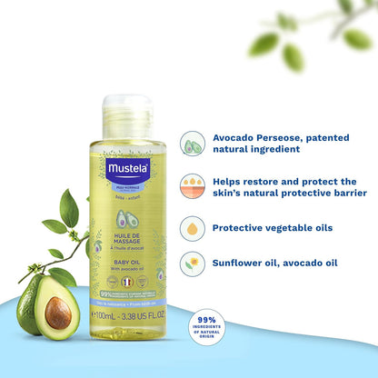 Mustela Baby Oil - Moisturizing Oil for Massage - with Natural Avocado, Pomegran