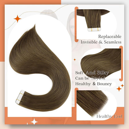 Tape in Hair Extensions Seamless Tape Ins Human Hair Extensions Color 3 Brown Ha