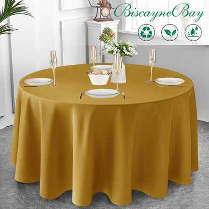 Textured Fabric round Christmas Table Cloths 108", Gold Water Resistant Table Co