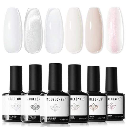 White Gel Nail Polish, 6 Colors Milky White Cat Eye Gel Polish Set with Magnet N