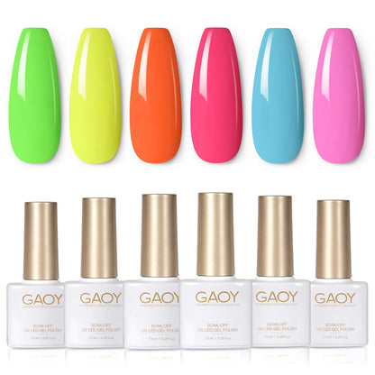 Neon Gel Nail Polish Set, 6 Bright Colors Orange Hot Pink Glow in Dark, Soak off