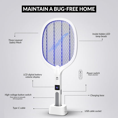 2 in 1 Electric Bug Zapper, Mosquitoes Trap Lamp & Racket, USB Rechargeable Elec