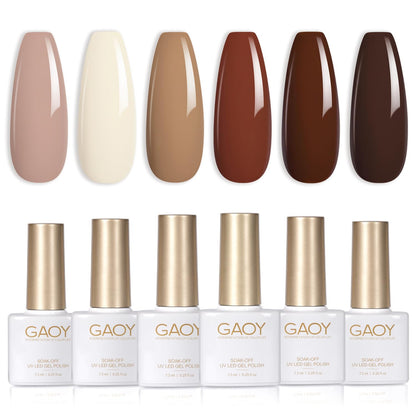 Nude Brown Fall Gel Nail Polish Set, 6 Colors White Beige Dark Tan Taupe Soak of