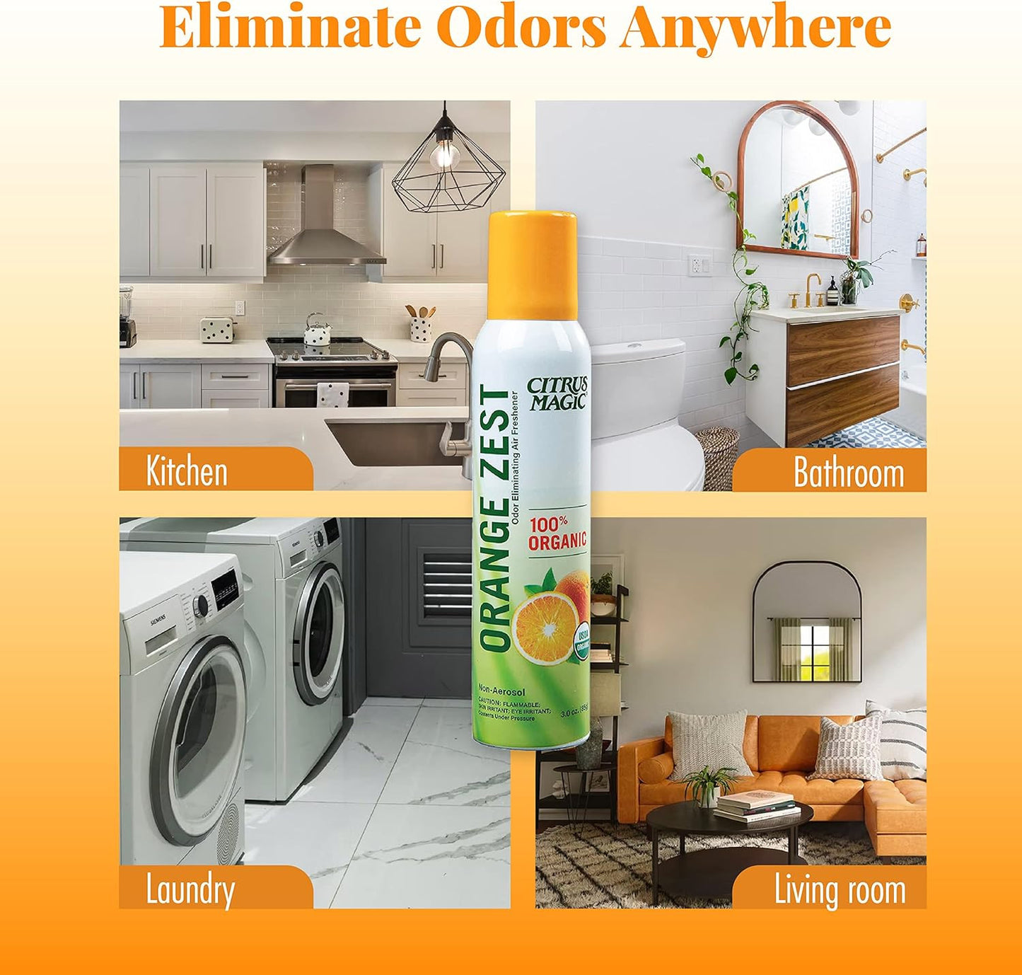 Organic Natural Odor Eliminating Air Freshener Spray, Orange Zest, 3-Ounce, Pack