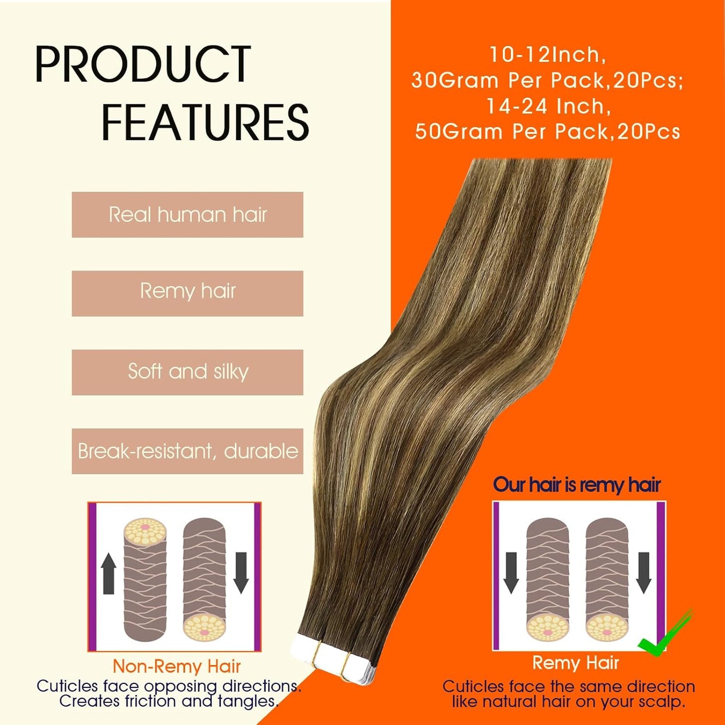 20Inch Tape in Hair Extensions Real Human Hair Brown to Blonde Color 4/24/4 Bala