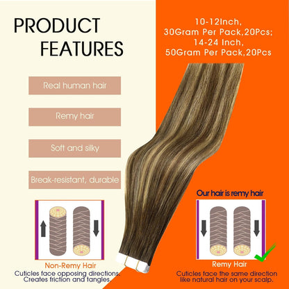 20Inch Tape in Hair Extensions Real Human Hair Brown to Blonde Color 4/24/4 Bala