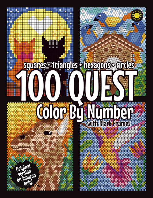 100 QUEST Color by Number: Squares + Triangles + Hexagons + Circles (BLACK Backg