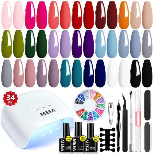 34 Pcs Gel Nail Polish Kit with U V Light, 20 Colors All Seasons Soak off Gel Po