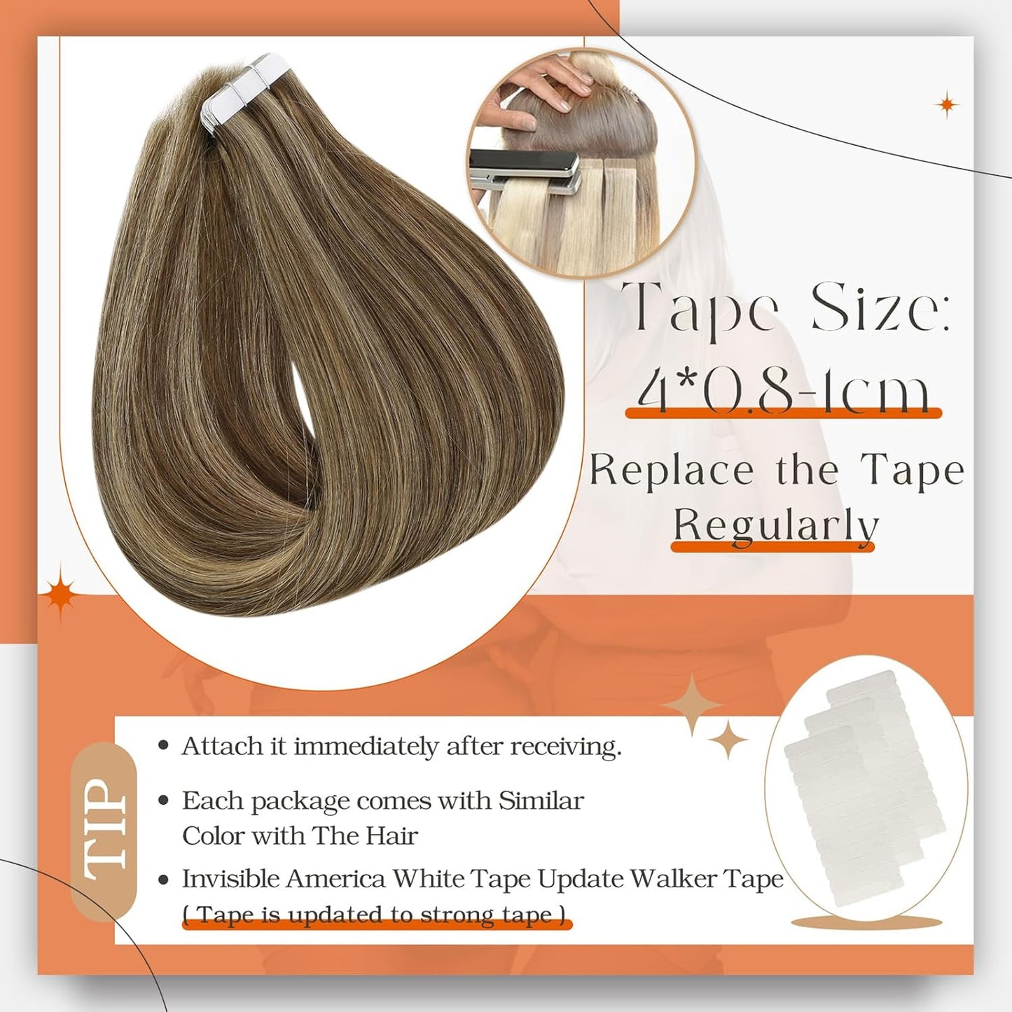 Tape in Hair Extensions 50 Gram Medium Brown Highlights Honey Blonde Real Human