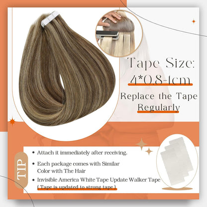 Tape in Hair Extensions 50 Gram Medium Brown Highlights Honey Blonde Real Human