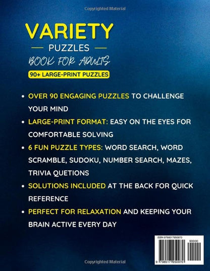 Variety Puzzle Book for Adults: 90+ Large-Print Puzzles Word Search, Sudoku, Wor