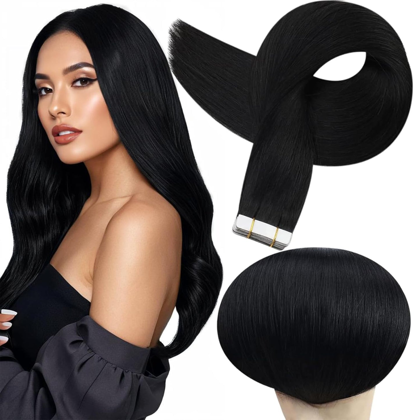 Tape Ins Human Hair Extensions 22Inch Black Remy Hair Extension Real Human Hair