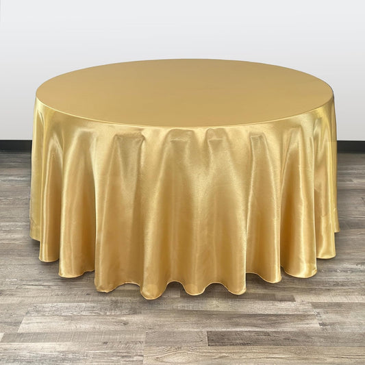 - 120 Inch round Satin Tablecloth Gold, round Table Linens for 5 Ft Banquet Tabl
