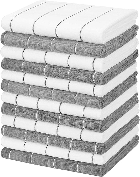79291 Microfiber Kitchen Towels, Grey/White, 15"X25", 12 Pack