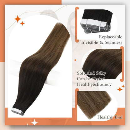 Tape in Extensions Human Hair Color 1B Black Ombre 6 Brown and 27 Caramel Blonde