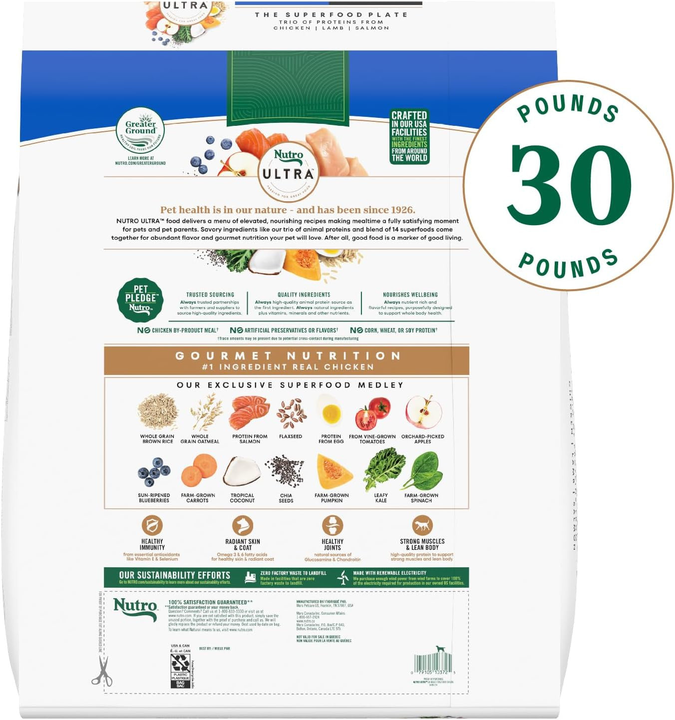 Ultra Adult Large Breed Dry Dog Food, Chicken, Lamb and Salmon Protein Trio, 30