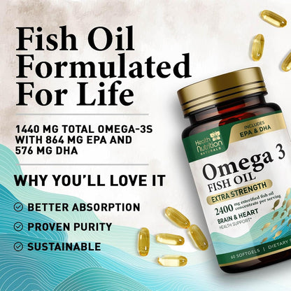 Omega 3 Fish Oil Triple Strength 1200 Mg, Omega-3 Supplements, Natural Brain Hea