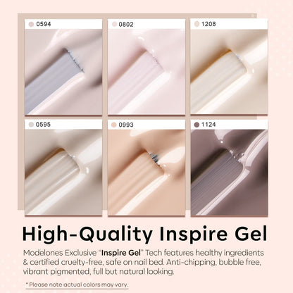 Nude Gel Nail Polish Set 6 Colors, Nuetral Skin Tones Beige Taupe Ivory White Gr