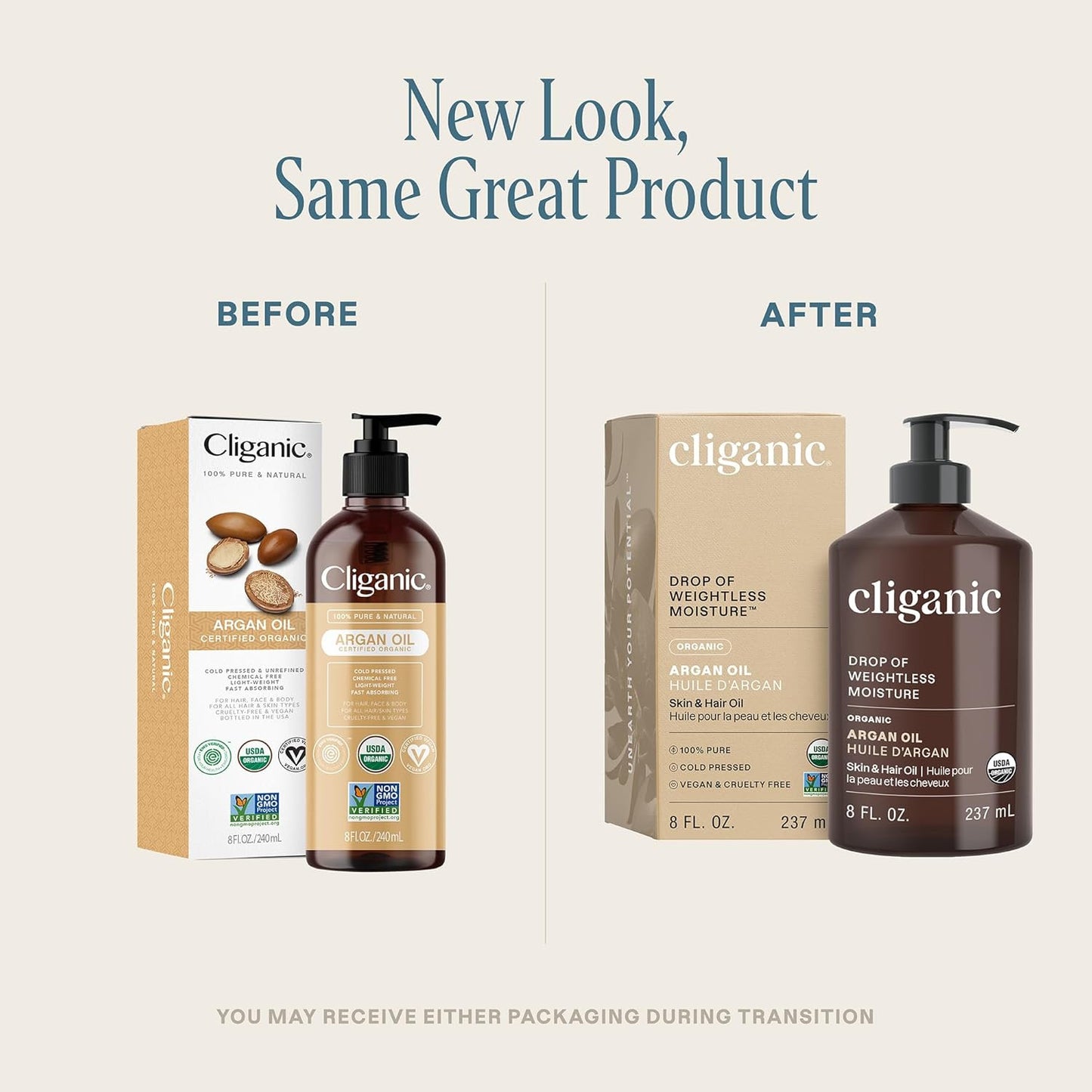 Organic Argan Oil 8Oz with Pump, 100% Pure - for Hair, Face & Skin (Packaging Ma