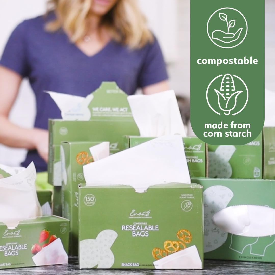 100% Compostable Food Storage Bags [Snack 300 Pack] Eco-Friendly Freezer Bags, R