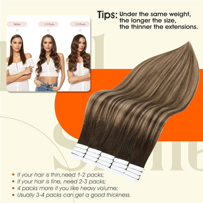 Tape in Hair Brown Human Hair Extensions Tape in 20 Pcs Rooted Tape in Hair Exte