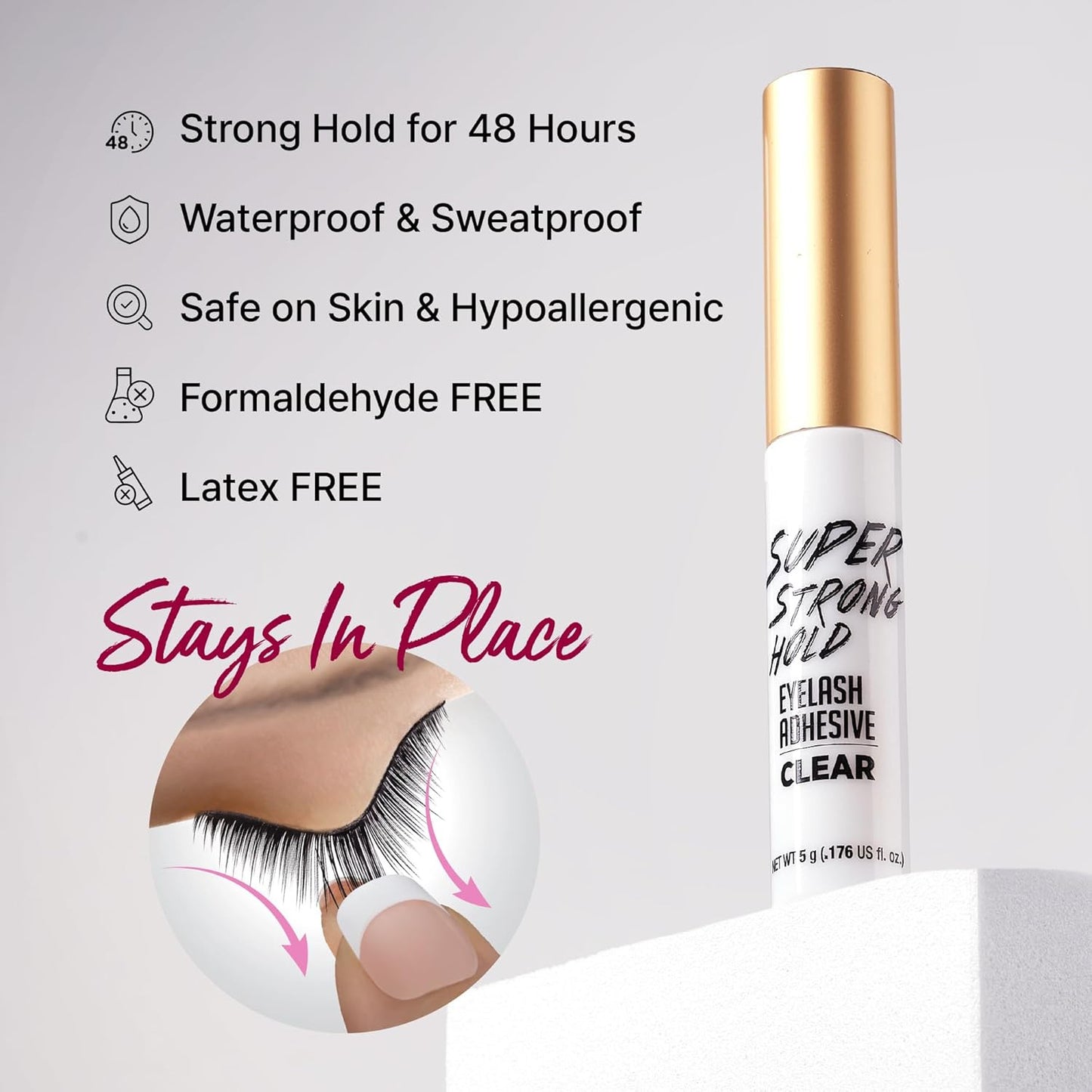 Super Strong Hold Eyelash Adhesive, Waterproof, 48-Hour Long-Lasting Lash Glue,