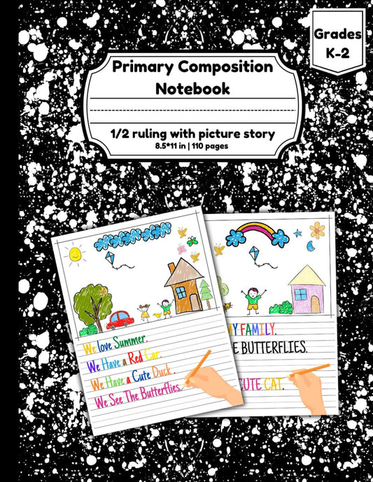 Primary Composition Notebook 1/2 Ruling with Picture Story: Black Primary Writin