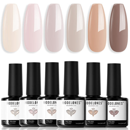 Nude Gel Nail Polish Set 6 Colors, Nuetral Skin Tones Beige Taupe Ivory White Gr
