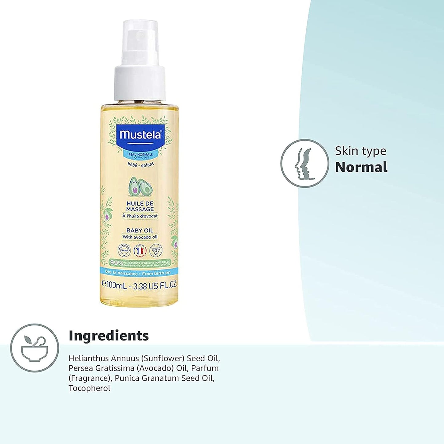 Mustela Baby Oil - Moisturizing Oil for Massage - with Natural Avocado, Pomegran