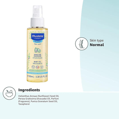 Mustela Baby Oil - Moisturizing Oil for Massage - with Natural Avocado, Pomegran