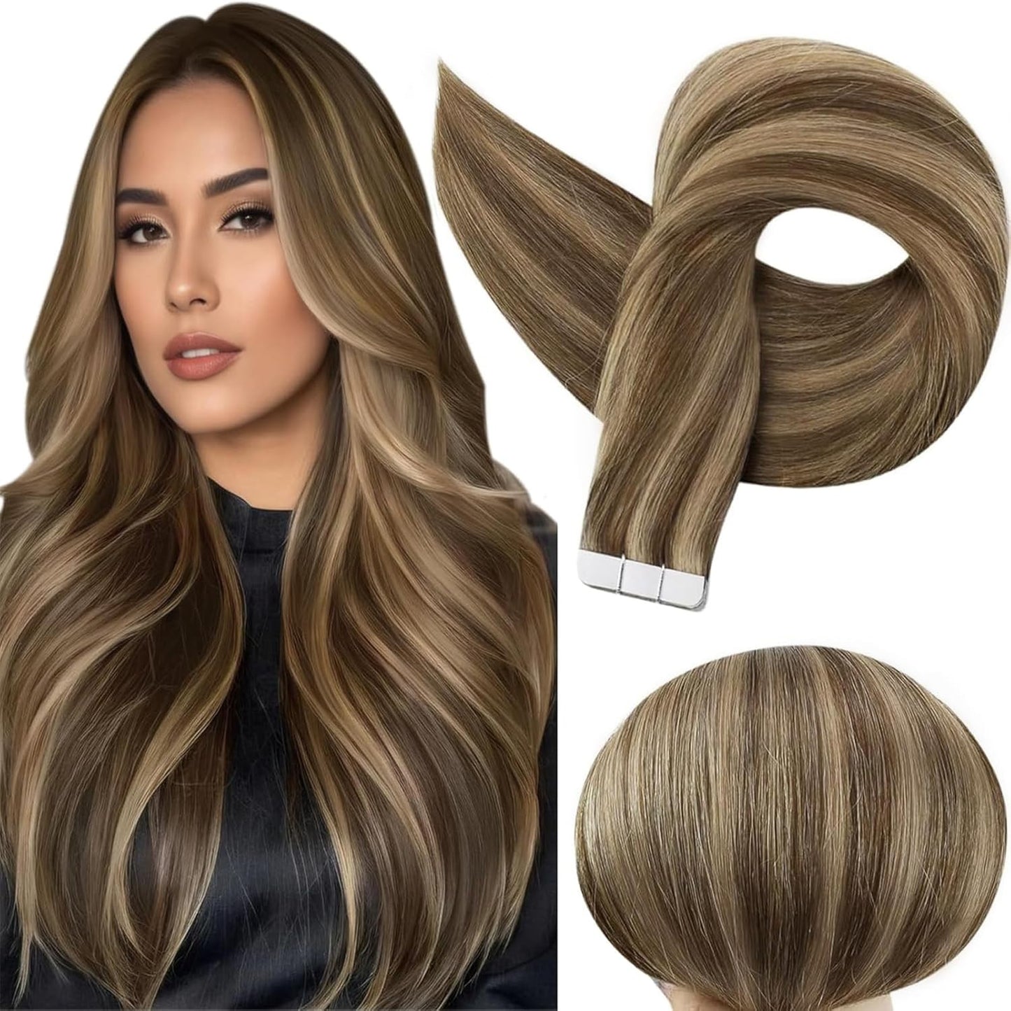 Tape in Hair Extensions 50 Gram Medium Brown Highlights Honey Blonde Real Human