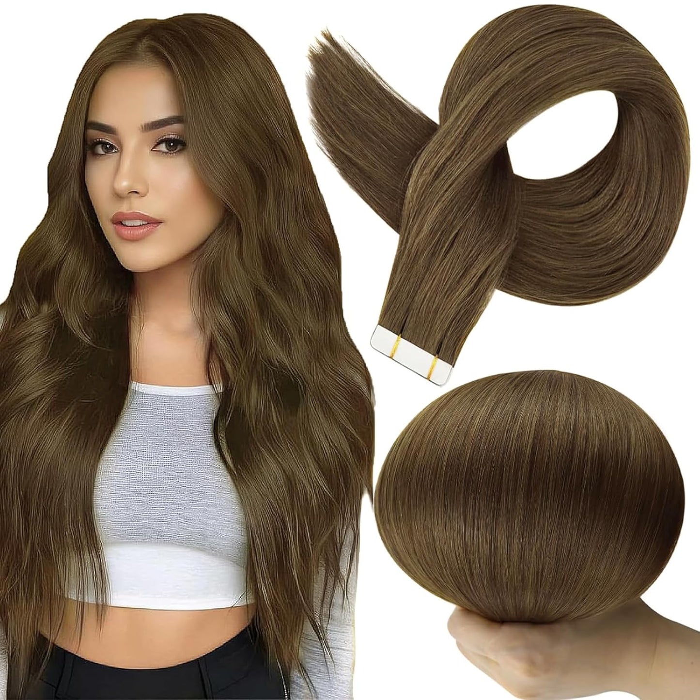Tape in Hair Extensions Seamless Tape Ins Human Hair Extensions Color 3 Brown Ha