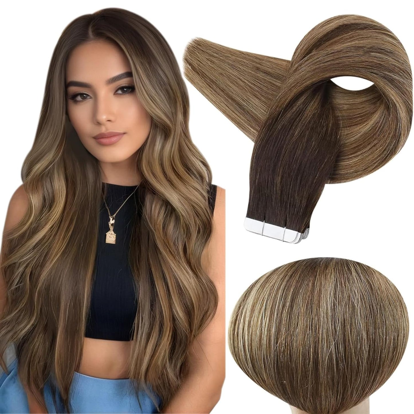 Tape in Hair Brown Human Hair Extensions Tape in 20 Pcs Rooted Tape in Hair Exte