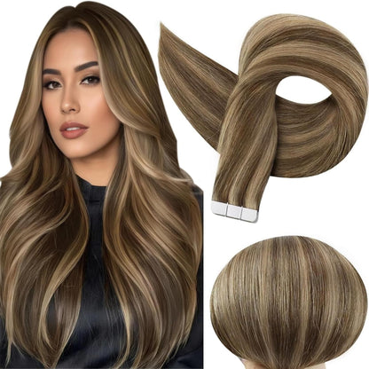Tape in Hair Extensions 50 Gram Medium Brown Highlights Honey Blonde Real Human