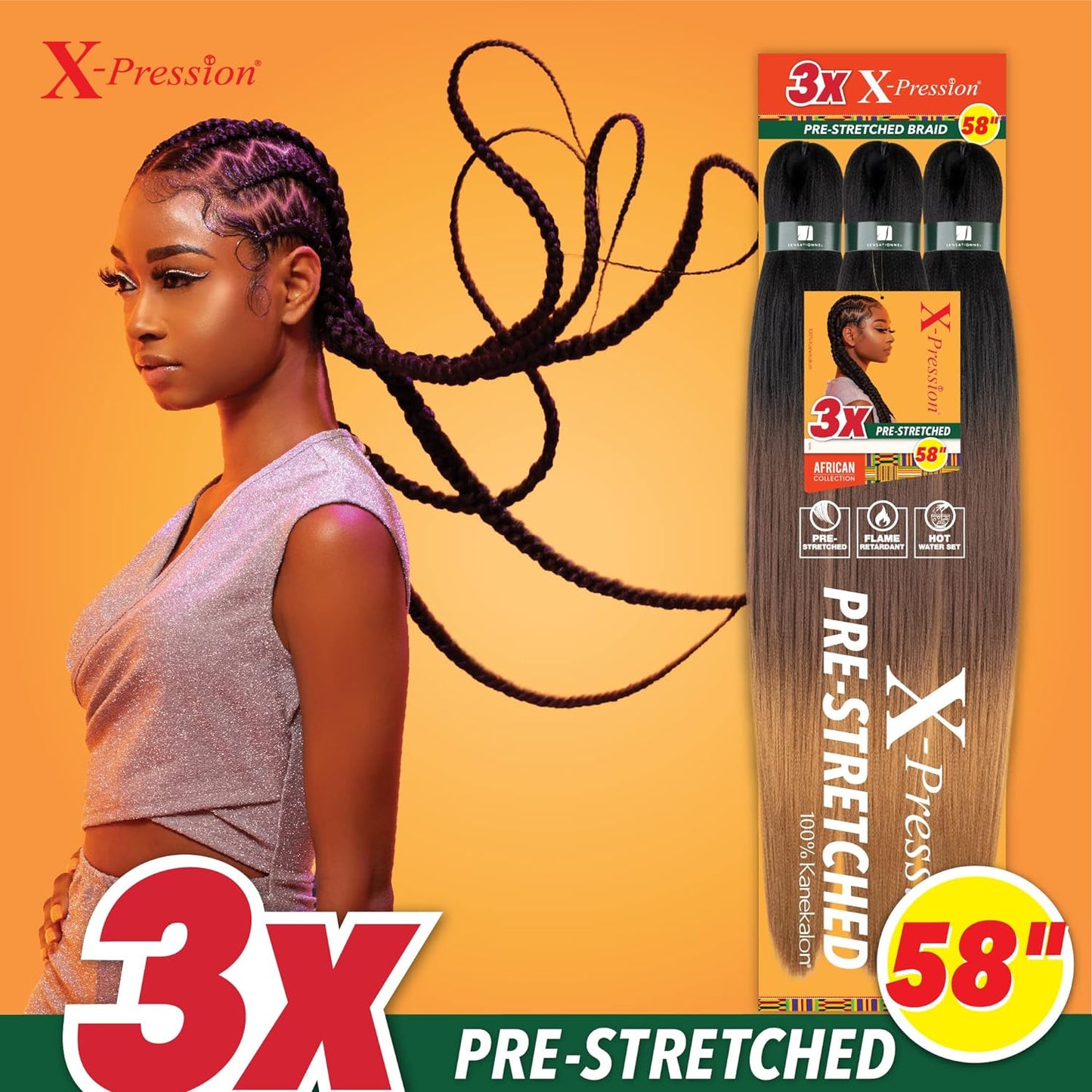 X-Pression Prestretched Braiding Hair - 3X Braid 58 Inch All Kanekalon Flame Ret