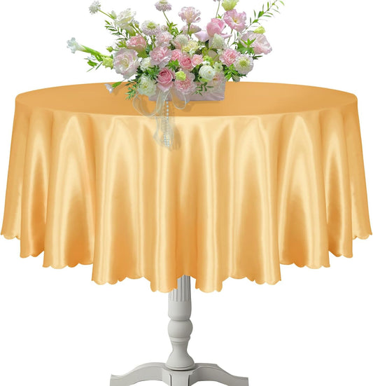 1 Pack round Table Cloths 90 Inch, Gold Overlay round Satin Table Cover, Silky S