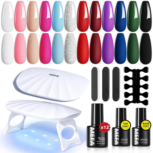 19 Pcs Gel Nail Polish Kit with U V Light, 12 Colors All Seasons Nude Milky Whit