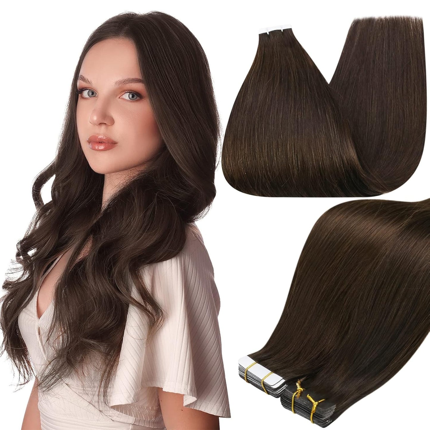 Tape Ins Real Human Hair Extensions 16Inch Dark Brown Color Seamless Tape in Ext