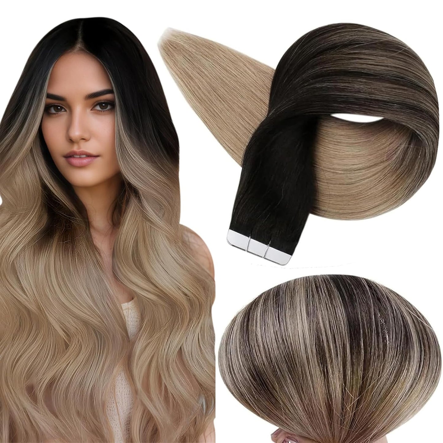 Tape in Extensions Black Ombre Ash Blonde 16 Inch Double Sided Tape in Hair Exte