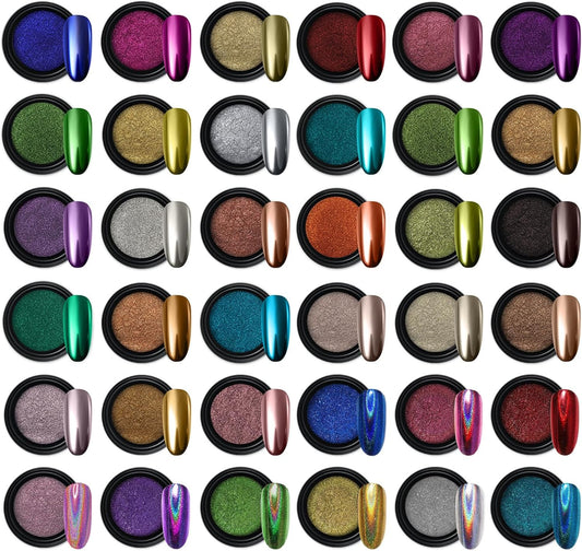 36 Jars Chrome Nail Powder Nail Art Fimo Decoration Metallic Mirror Effect Holog