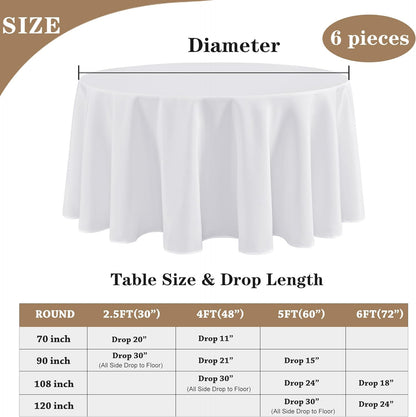 6 Pack White round Tablecloths - 120 Inches in Diameter - Stain Resistant and Wa