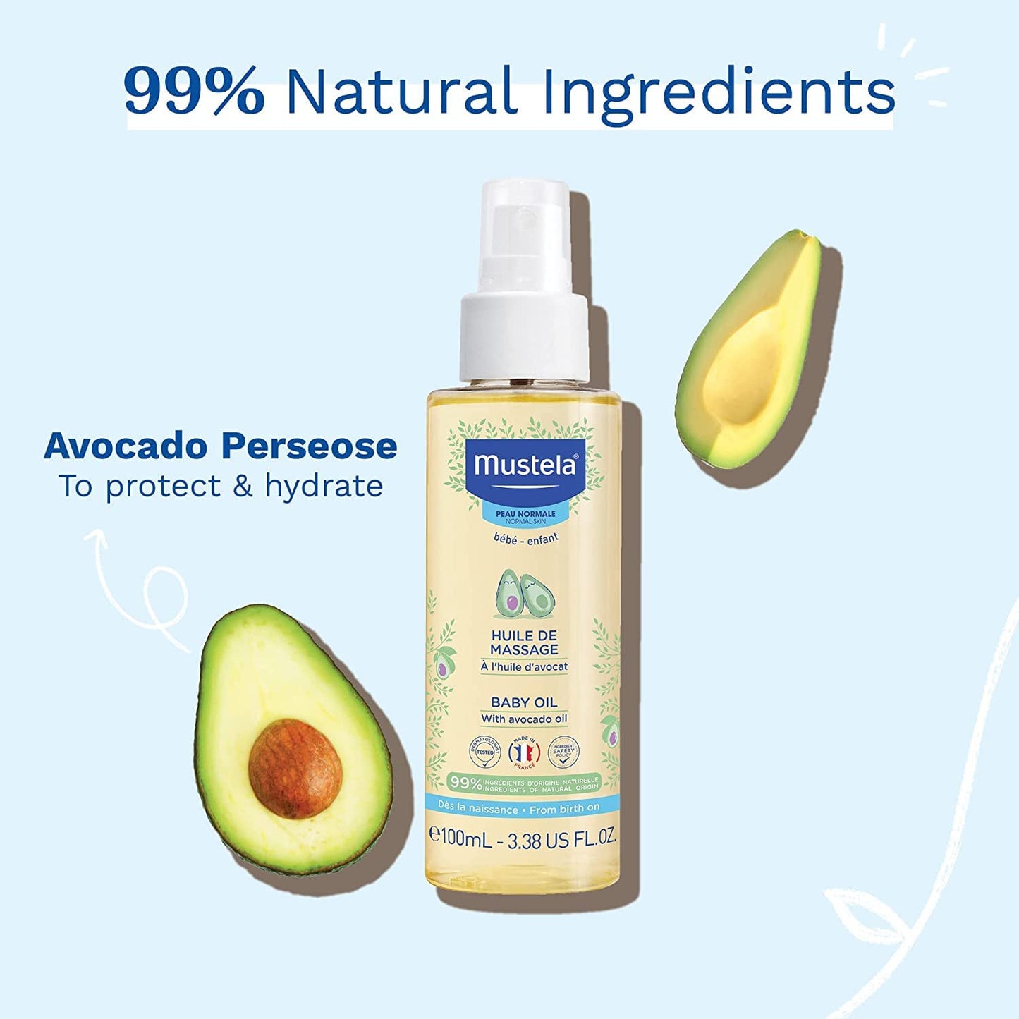 Mustela Baby Oil - Moisturizing Oil for Massage - with Natural Avocado, Pomegran