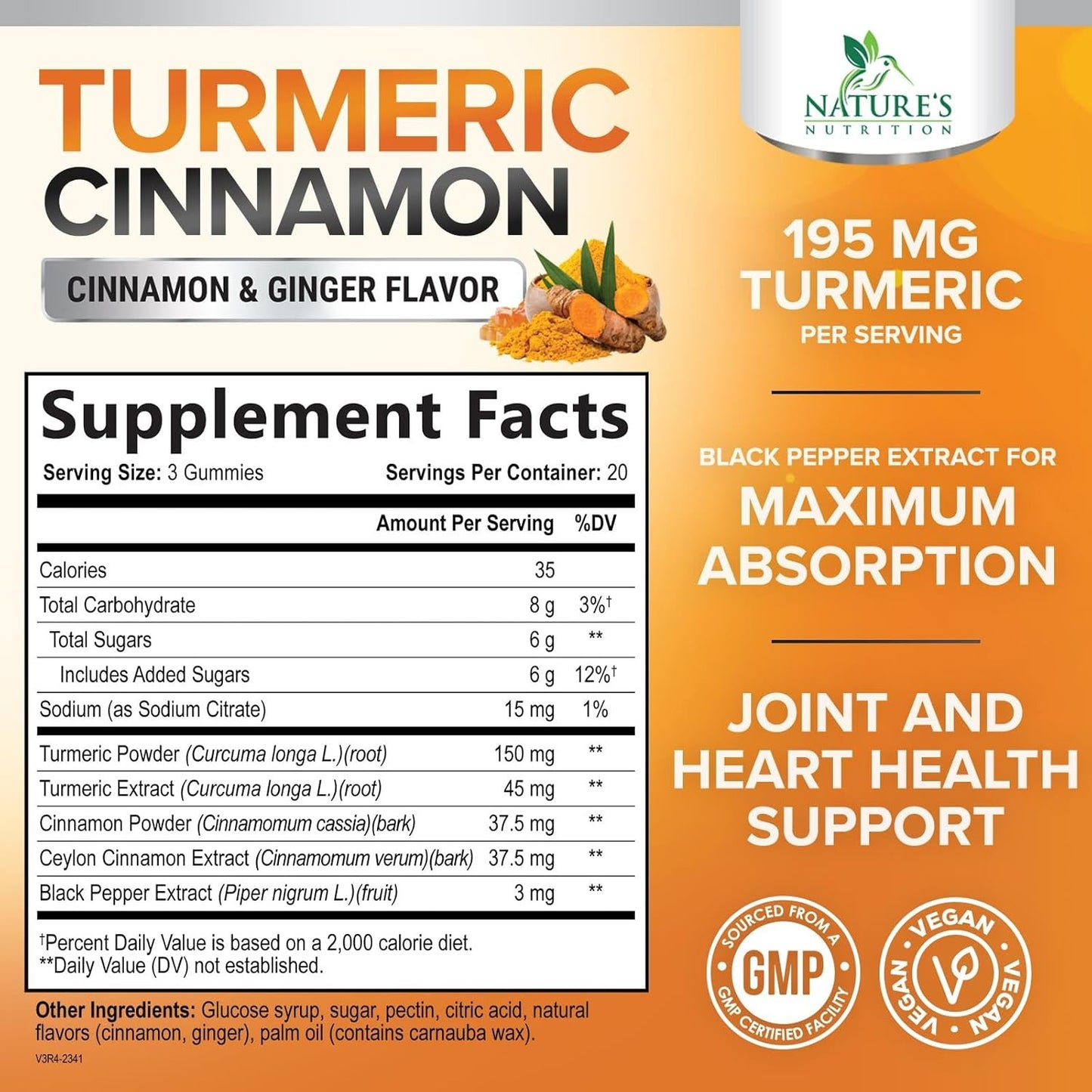Turmeric Curcumin Supplement Gummies with Ginger & Cinnamon, 95% Curcuminoids Tu