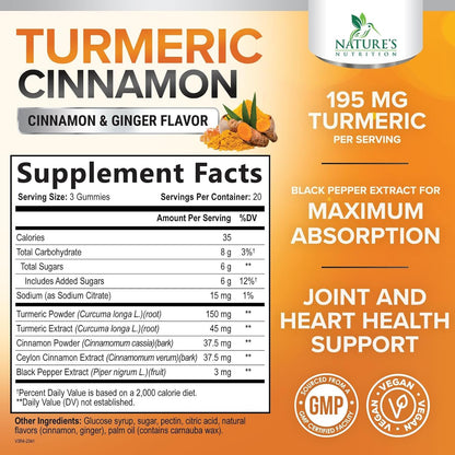 Turmeric Curcumin Supplement Gummies with Ginger & Cinnamon, 95% Curcuminoids Tu
