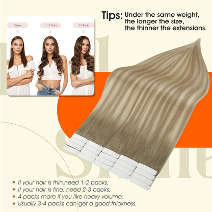 Tape in Extensions Human Hair 20 Inch Tape in Hair Extensions Balayage Color 8 A