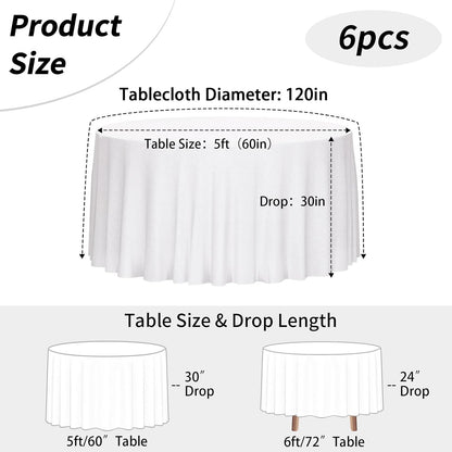 120 Inch White round Tablecloth, 6 Pack round Table Cloth Polyester Fabric Washa