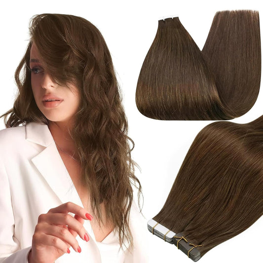 16 Inch Tape in Human Hair Extensions Medium Brown Color 4 Invisible Tape in Hai