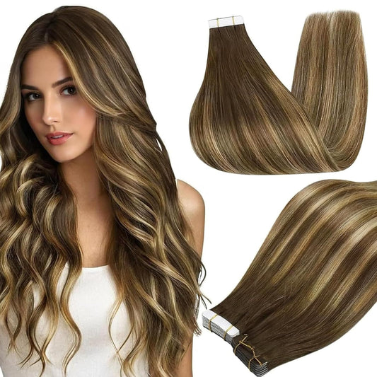 20Inch Tape in Hair Extensions Real Human Hair Brown to Blonde Color 4/24/4 Bala