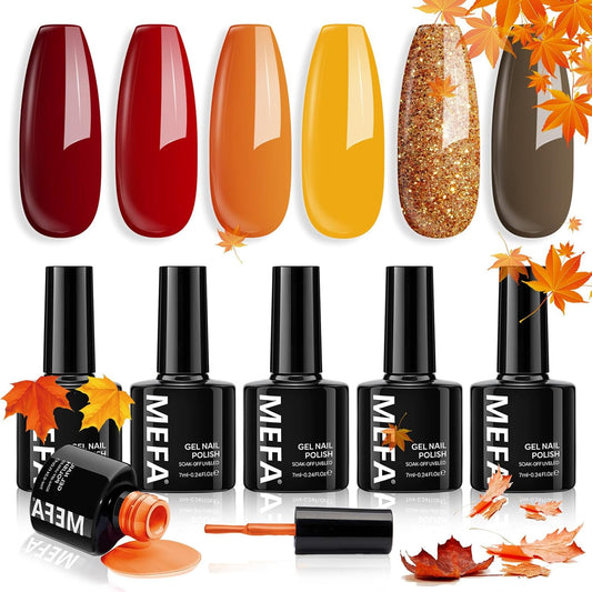 6 Colors Fall Gel Nail Polish Set, Shades Orange Red Brown Glitter Yellow Soak o